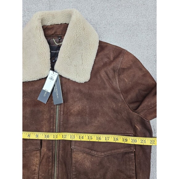 Banana Republic Leather Bomber Jacket Womens L Brown Shearling Collar - Picture 2 of 11